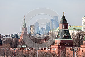 Grand Kremlin Palace Walls and Towers and modern Moscow International Business Center MIBC skyscrapers at Russia Moscow City