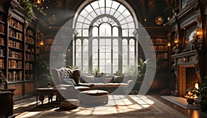 Grand Library Interior Design: Luxurious Reading Room with Fireplace and Large Window