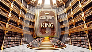 Grand Library Reverence Colossal Tome on Golden Pedestal Proclaims Content is King