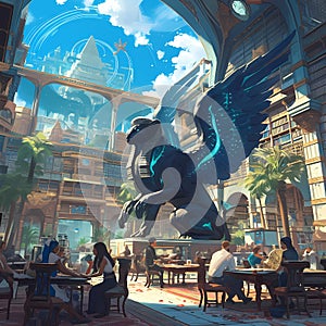 Grand Library with Winged Sphynx: An Epic Atmosphere