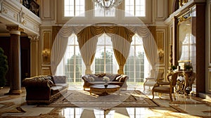 Grand living room with classic European decor, ornate gold drapery, and luxurious furnishings. Concept: Regal opulence