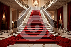 Grand Marble stairs red carpet indoor. Generate Ai