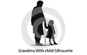 Grand mother with child silhouette, Vector illustration of silhouettes of elderly people with grandchildren