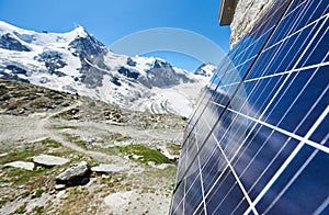 Grand Mountet Hut with solar batteries on the wall on a beautiful sunny day in Switzerland Alps