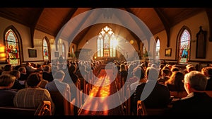 Grand old church with group of faithful parishioners who sitting piously and praying