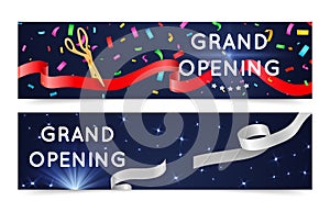 Grand open banners. Opening ceremony ribbons. Vector cutting silk ribbon and confetti background