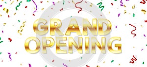 Grand opening background with color glittering falling confetti. Celebration template. Business opening ceremony