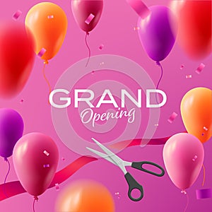 Grand opening banner with 3d illustration of air balloons with confetti with red ribbon cut with scissors, banner promo