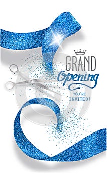 Grand opening banner with abstract blue abstract ribbon and scissors photo