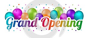 Grand Opening Banner - Colorful Illustration With Balloons And Confetti Stars