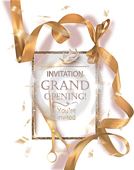 Grand opening banner with curly gold ribbon, scissors and golden frame.