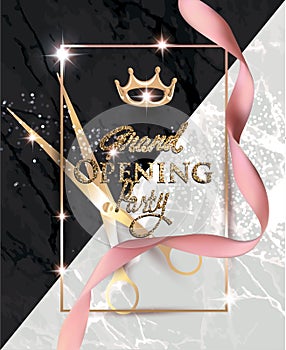 Grand opening banner with curly ribbon, scissors and marble background.