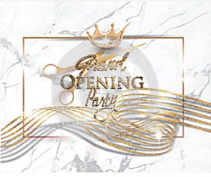 Grand opening banner with curly ribbon, scissors and marble background.