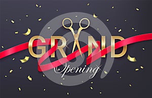 Grand opening banner with golden curled cut ribbon and air balloons. Vector illustration.