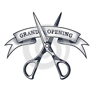 Grand opening banner - scissors cutting a ribbon, launching a project, vintage style