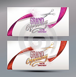 Grand Opening banners with abstract ribbon and scissors