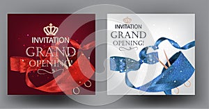 Grand opening banners with blue and red curly silk ribbons.