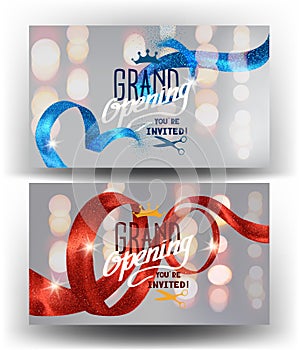 Grand opening banners with curly sparkling ribbons and defocused lights.