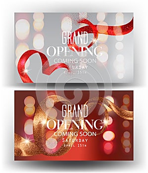 Grand opening banners with curly sparkling ribbons, frames and blurred background.