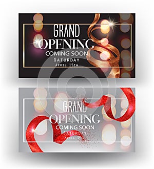 Grand opening banners with curly sparkling ribbons, frames and blurred background.