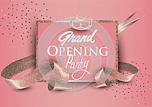 Grand opening banners with curly sparkling ribbons, scissors and sparkling frame. Pastel collors.