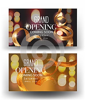Grand opening banners with gold curly sparkling ribbons and blurred background.