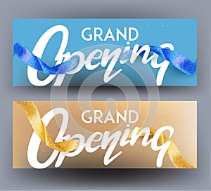 Grand opening blue and gold cards with curly sparkling ribbons. photo