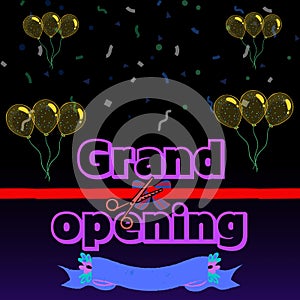 Grand opening card design with 3d name, red ribbon and confetti