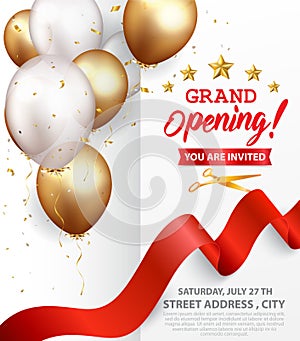 Grand opening card design with red ribbon and gold confetti