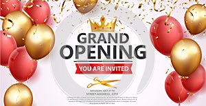 Grand opening card design with red ribbon and gold confetti