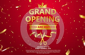 Grand opening card design with red ribbon and gold confetti