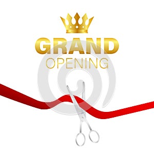 Grand opening card with red ribbon and silver scissors. Vector stock illustration