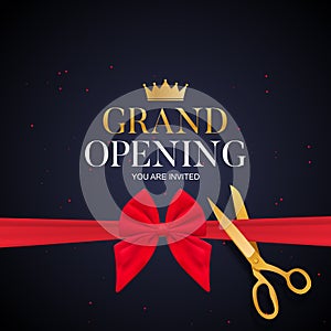 Grand Opening Card with Ribbon and Scissors Background. Vector Illustration