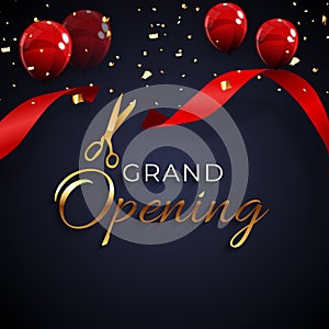 Grand Opening Card with Ribbon and Scissors Background. Vector Illustration