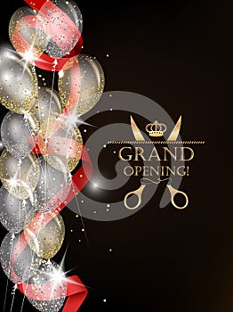 Grand opening card with shiny confetti, red ribbon and air balloons