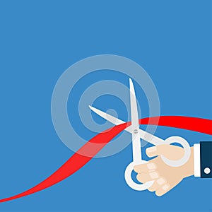 Grand opening ceremony. Businessman hand scissors cut red ribbon. Inauguration. Flat design style. Isolated template. Blue