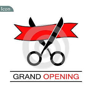 Grand opening ceremony, isolated illustration. Black scissors cutting red ribbon. Eps10