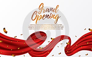 Grand Opening ceremony party template with golden confetti and red silk luxury ribbon swirl