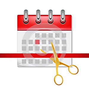 Grand opening concept with calendar and ribbon cutting, special event date marked illustration