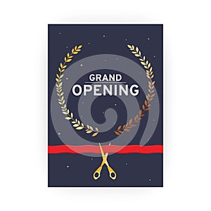 Grand opening. Dark invitation card with gold scissors and red ribbon.