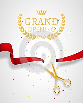 Grand Opening design template with ribbon and scissors. Grand open ribbon cut concept
