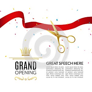 Grand Opening design template with ribbon and scissors. Grand open ribbon cut concept.