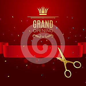 Grand Opening design template with ribbon and scissors. Grand open ribbon cut concept.