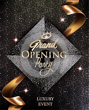Grand opening elegant invitation cards with gold ribbon and circle pattern background.