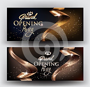 Grand Opening elegant invitation cards with gold ribbons and gold dust.