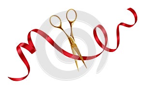 Grand Opening Event. Festive Ribbon Cutting Ceremony with Golden Scissors