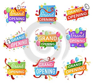 Grand opening. Festive event ceremony opening invitation, promo banner elements. Flyer with ribbon, megaphone and photo