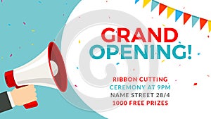 Grand opening flyer banner template. Marketing business concept with megaphone. Grand Opening advertising