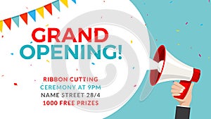 Grand opening flyer banner template. Marketing business concept with megaphone. Grand Opening advertising