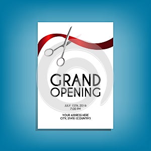 Grand opening flyer mock-up with silver scissors cutting red ribbon